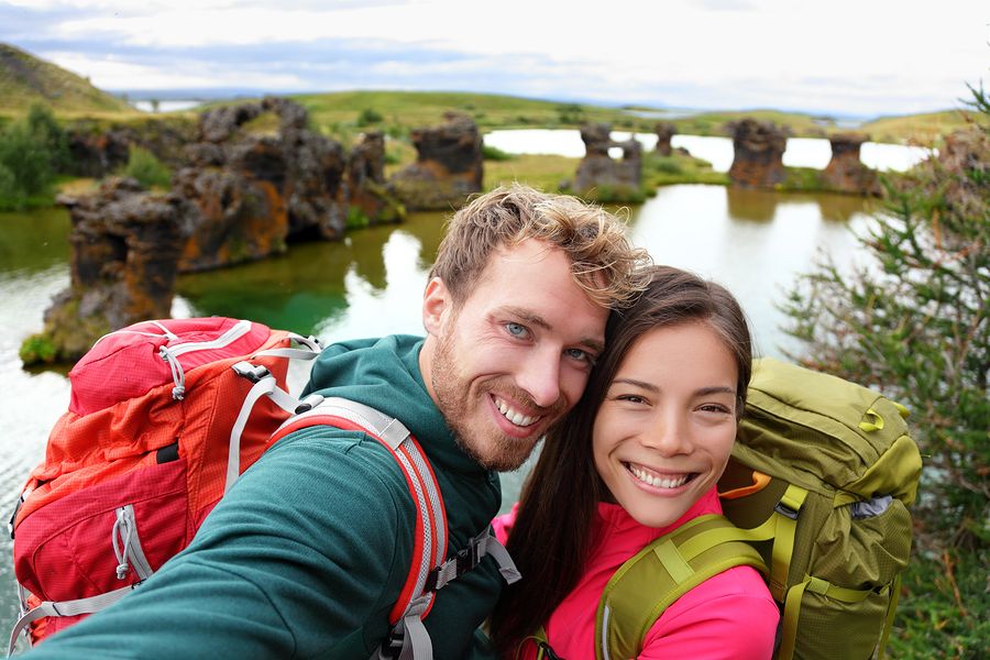 bigstock Selfie travel couple on lake 79450747