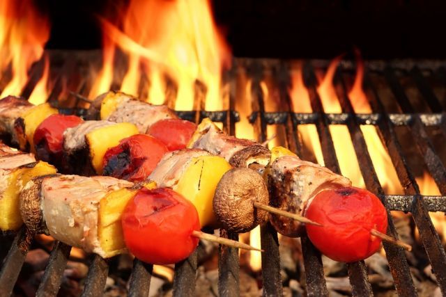 bigstock Meat And Vegetable Kebabs On T 87998780